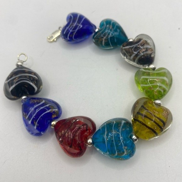 Murano Glass Heart Fass Bracelet 925 Sterling Silver 6.5” inch - Picture 5 of 6